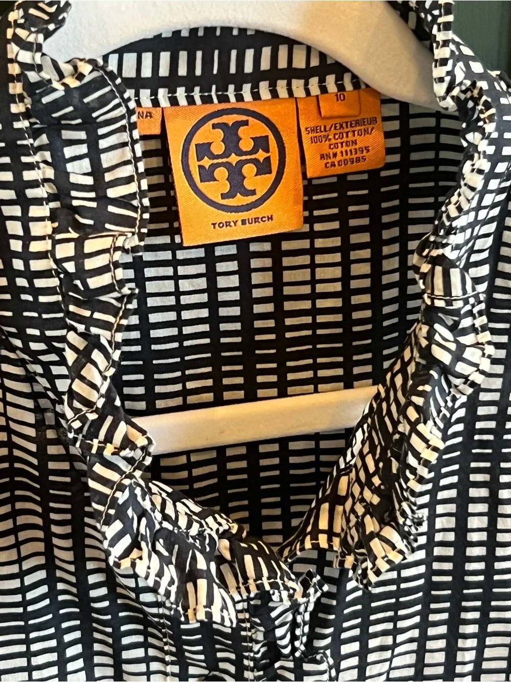 Tory Burch Black White Check Ruffle Long Sleeve Blouse Tunic Top Sz 10